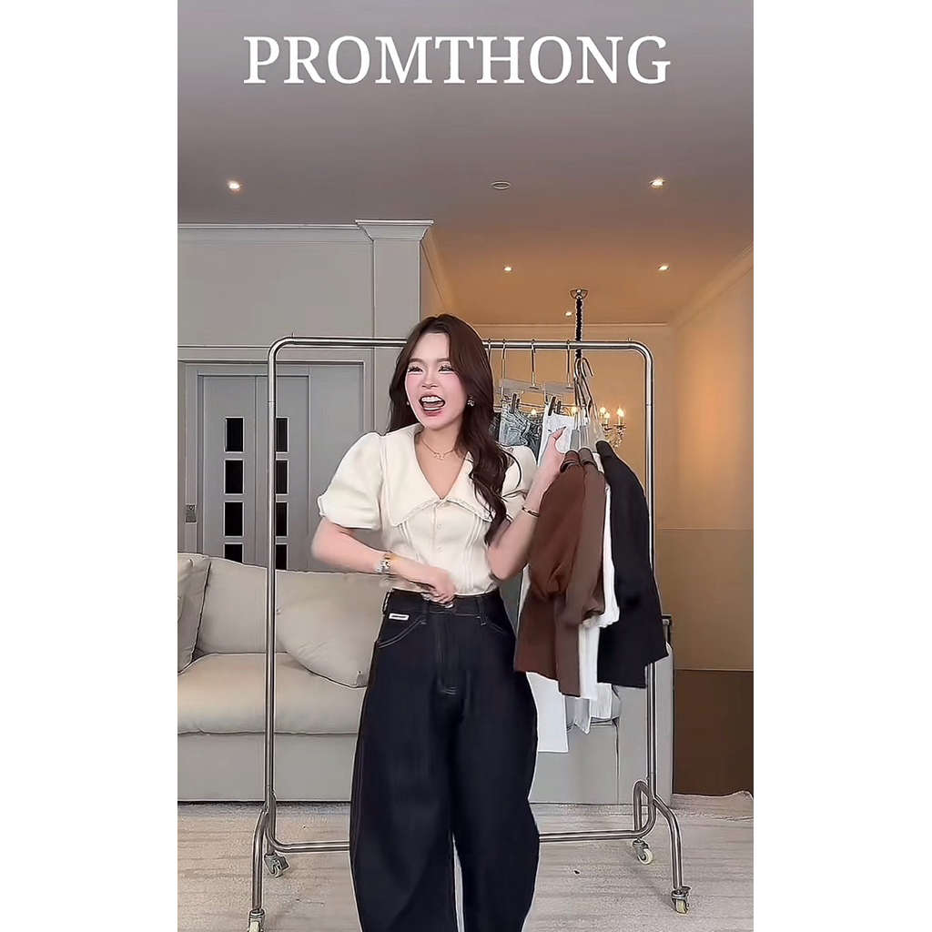 PROMTHONG BKK : Miley Blouse puff เสือคอปกแขนตุ๊กตา แต่งขอบลูกไม้ สีครีม L