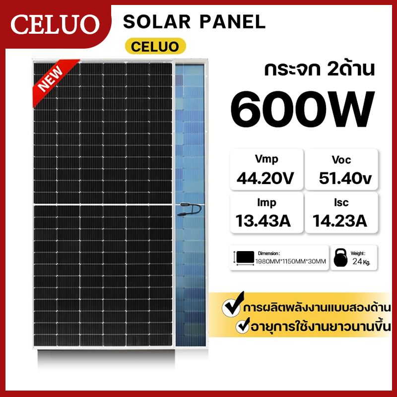 แผงโซล่าเซลล์ 600W กระจกด้าน (Single sided) สเปคแรงขึ้น รับแสงมากขึ้น พลังงานแสงอาทิตย์ แผงโซล่า ไฟแ