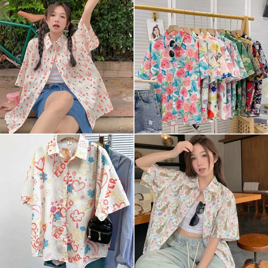 cherryshop พร้อมส่ง เสื้อเชิ้ตฮาวายผู้หญิง แขนสั้น พิมพ์ลาย สไตล์รีสอร์ทสบายๆ