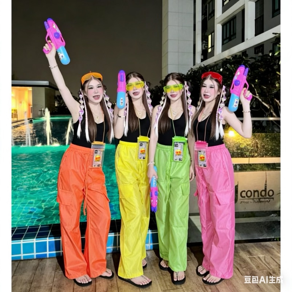 SGH0275 พร้อมส่ง ชุดเซ็ตสงกรานต์ เสื้อสายเดี่ยว + กางเกงขายาวสีสด ใส่เล่นน้ำ แห้งไว ใส่สบาย