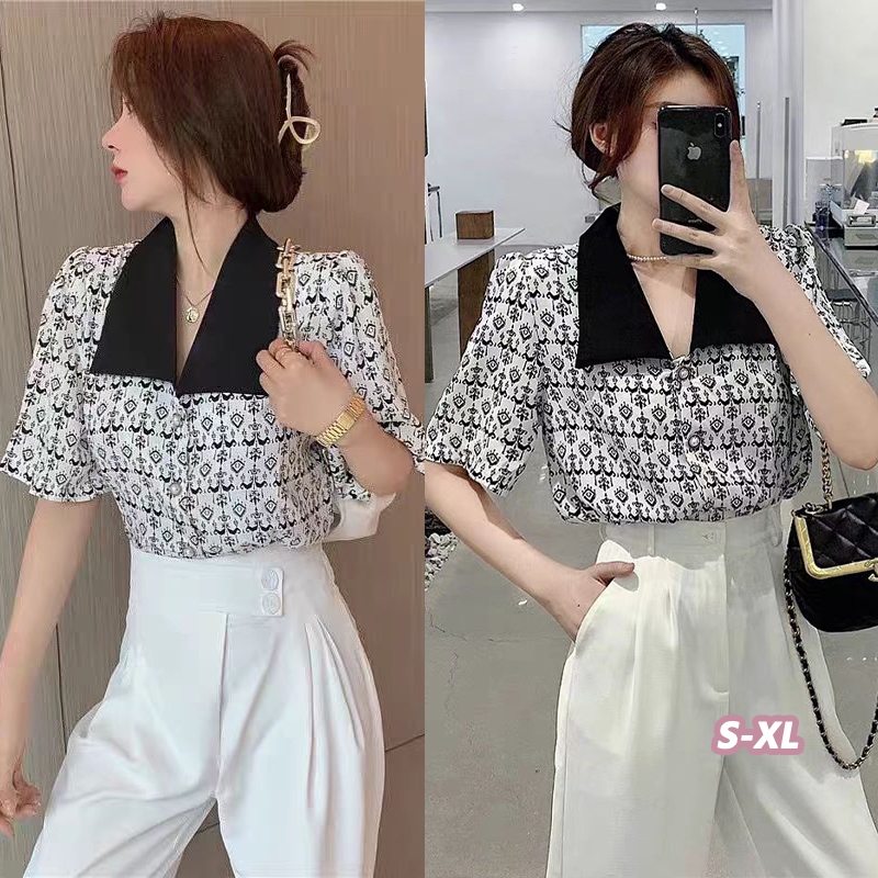 🌻Grace🌻พร้อมส่งจากไทย เสื้อคอตุ๊กตาสไตล์ฝรั่งเศส เสื้อเชิ้ตแขนสั้นแขนพอง เสื้อผู้หญิงเกาหลีแฟชั่น 99242
