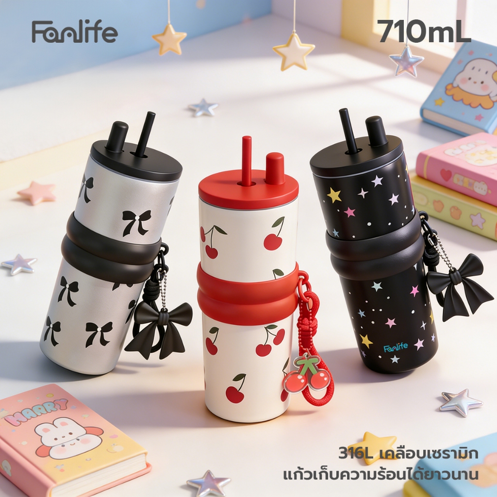 FANLIFE การ์ตูน แก้วน้ำสแตนเลส 316 เคลือบเซรามิก ขนาด 700 มล. มีหลอดดูด พับเก็บได้ มีที่เก็บฝาหลอด-274