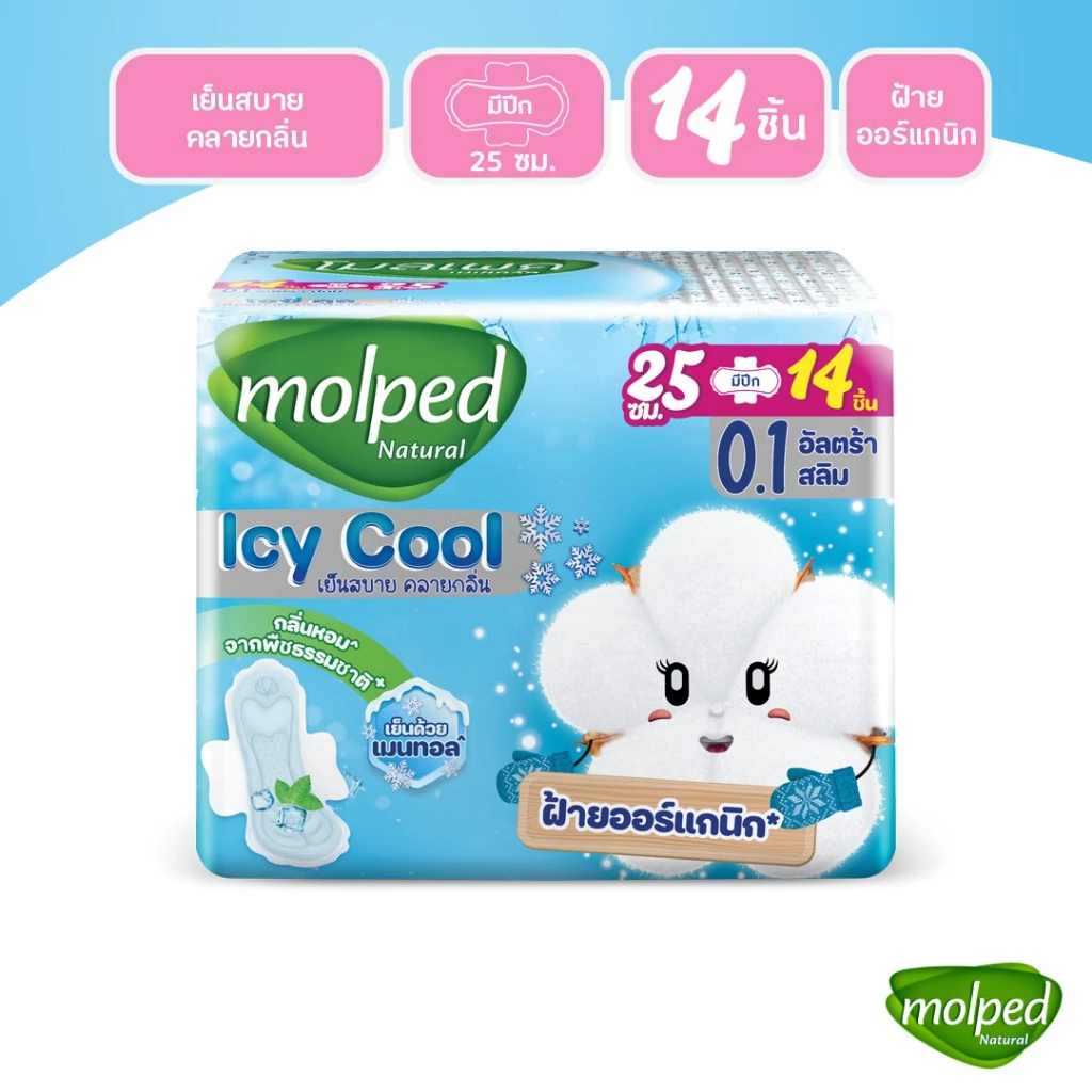 Molped โมลเพด ไอซี่คูล สลิม 0.1 ผ้าอนามัยสูตรเย็น สำหรับกลางวัน แบบมีปีก 25 ซม. จำนวน 14 ชิ้น