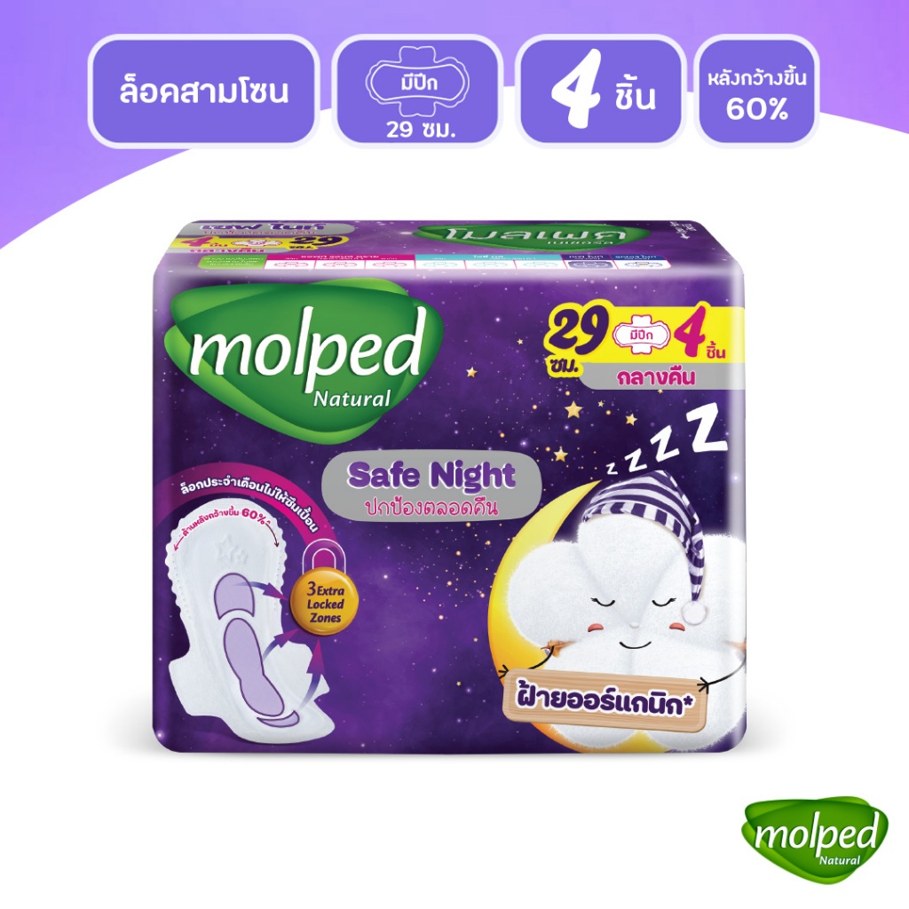 Molped โมลเพด เซฟ ไนท์ ผ้าอนามัย สำหรับกลางคืน แบบมีปีก 29 ซม. จำนวน 4 ชิ้น
