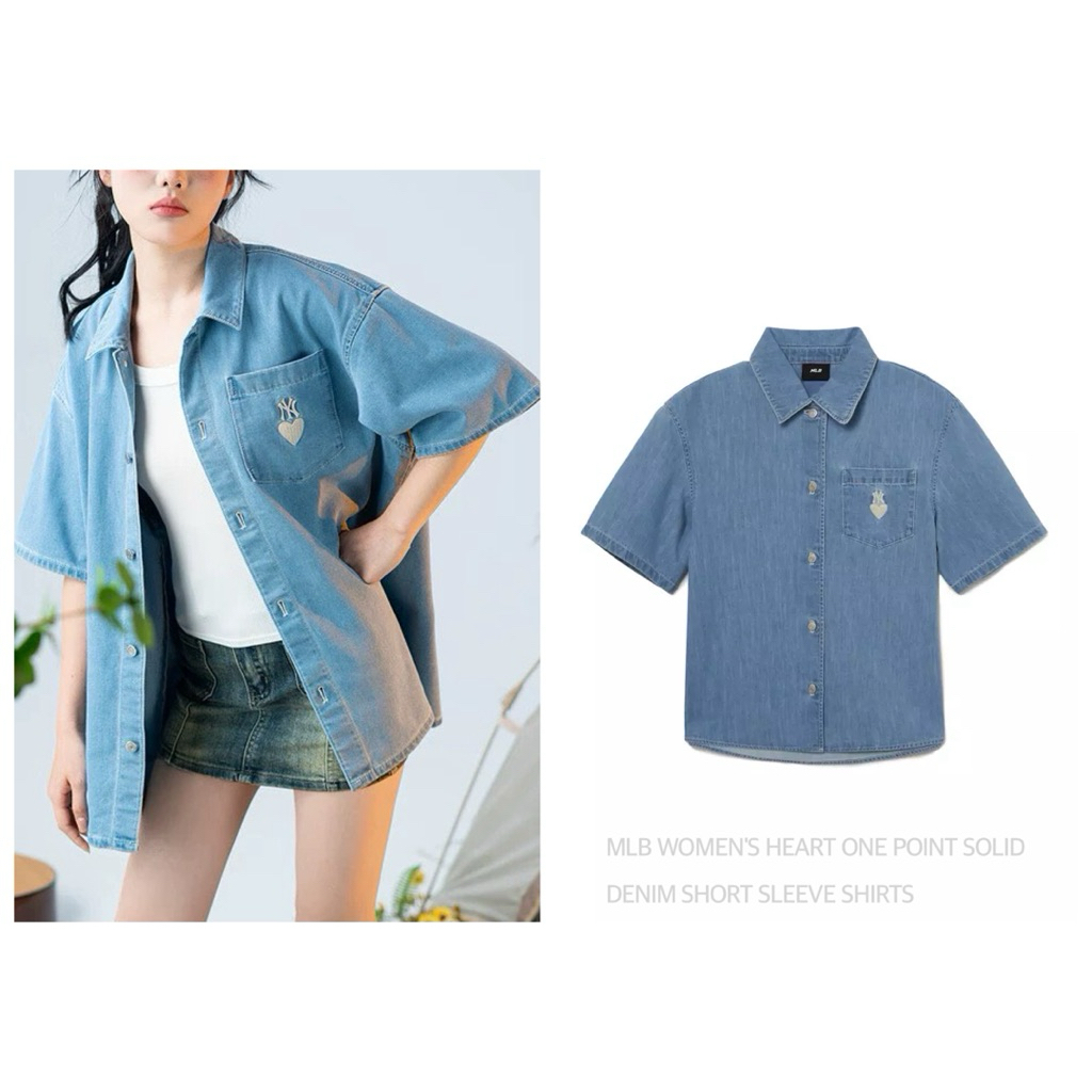 MLB เสื้อเชิ้ตยีนส์ แขนสั้น คอปก ทรงหลวม  WOMEN'S HEART ONE POINT SOLID DENIM SHORT SLEEVE  (A0404)
