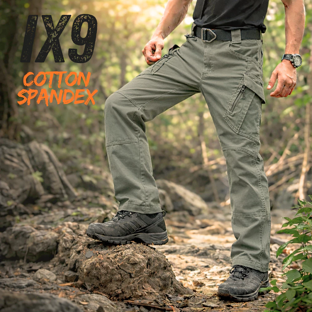 IX9 กางเกงคาร์โก้ ผ้ายืด สีเขียวเทา cotton spandex หนา กางเกงยุทธวิธี มีช่องกระเป๋าหลายช่อง S-3XL