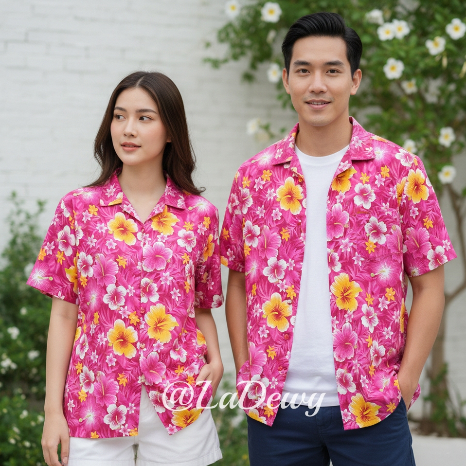 เสื้อลายดอก Ladewy HW286: เชิ้ตฮาวายผ้าเรยอนใส่สบายสำหรับหน้าร้อนและสงกรานต์