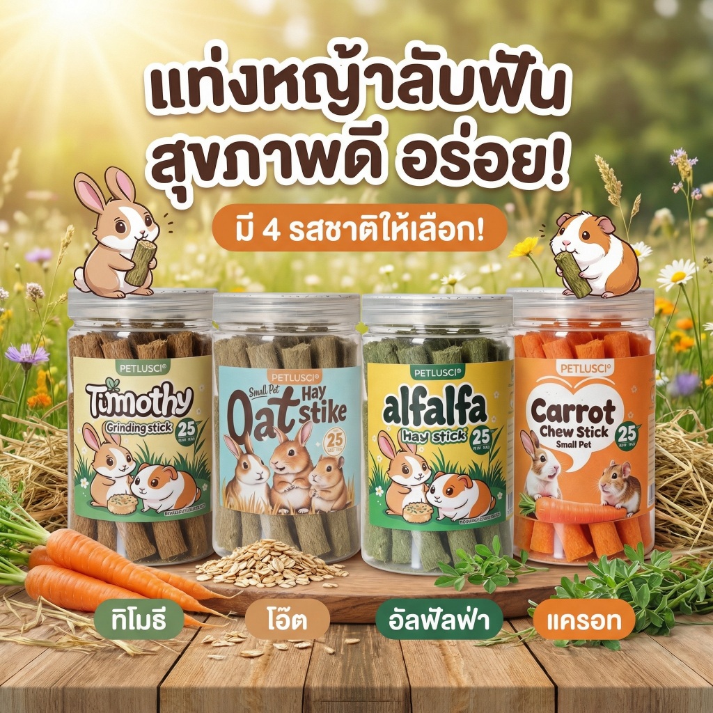 PETLUSCI🐹 หญ้าอัดแท่ง🐰 ทิโมธี โอ๊ต อัลฟัลฟ่า แครอท สำหรับลับฟัน กระต่าย แฮมเตอร์ หนูแกสบี้ สัตว์ฟันแทะ