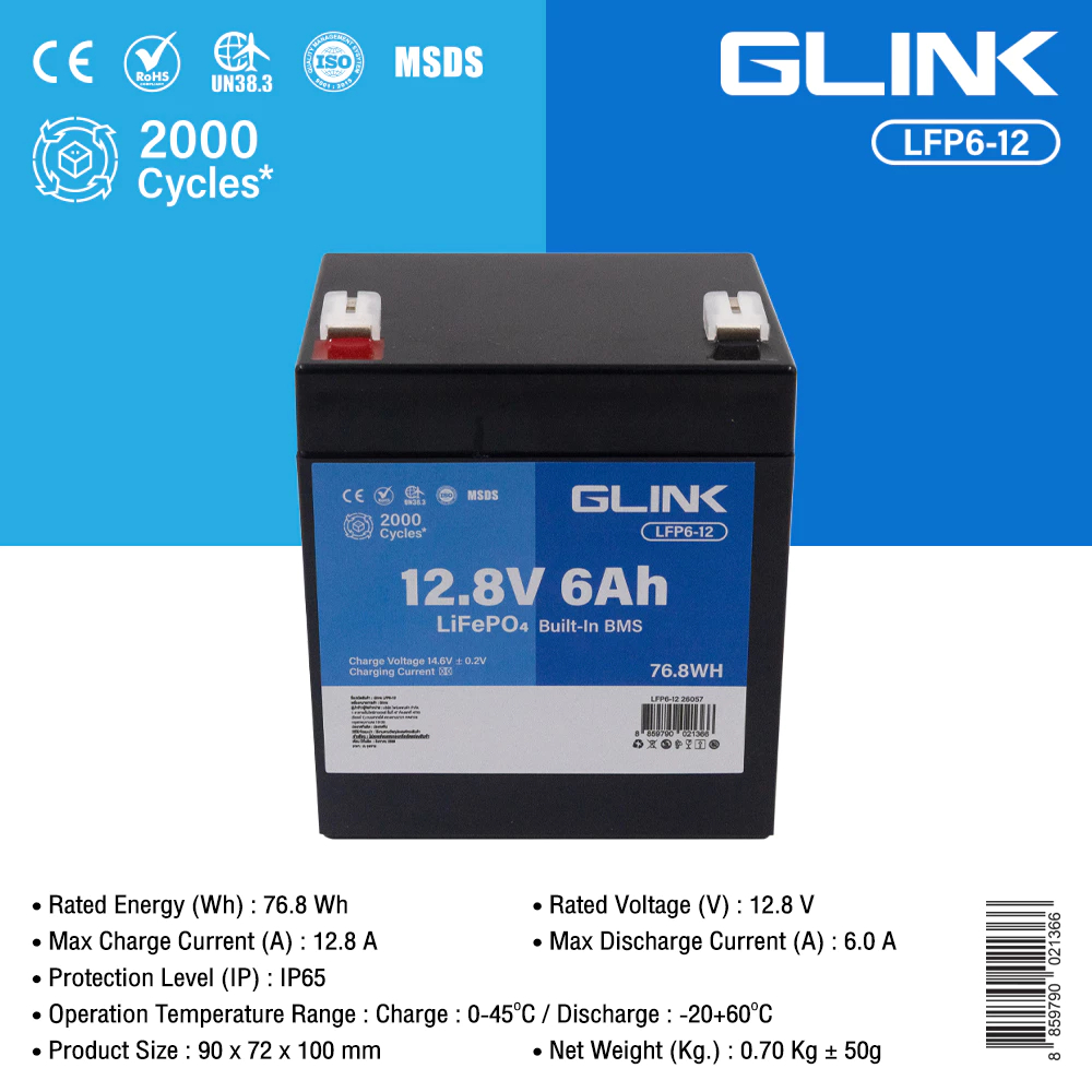 GLINK Life PO4 12.8V 6Ah Battery รุ่น LFP6-12 Built-In BMS แบตเตอรี่ มีระบบ BMS ในตัว