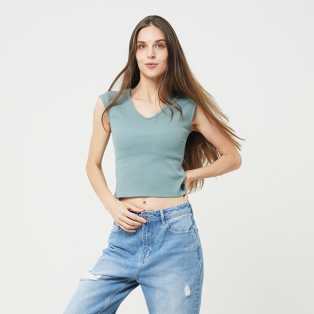 DAVIE JONES WOMEN [BE FEARLESS] เสื้อยืดผู้หญิง Short Sleeve V-Neck T-Shirt สีเขียวอมเทา BA0021 ราคา ถูกที่สุด ดีลบีเคเค แกลเลอรีภาพที่ 2