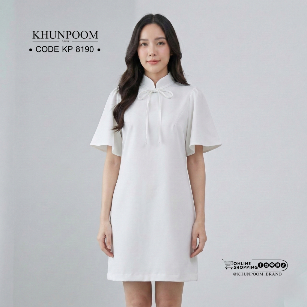 Code KP 8190 เดรสผูกโบว์ผ้าบาร์บี้ (ไม่มีซับใน)