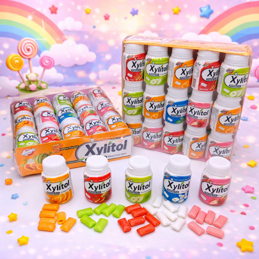 หมากฝรั่งผลไม้แบบกระปุก ไซลิทอล มี 5 รสชาติ 1 กล่อง 30 ชิ้น