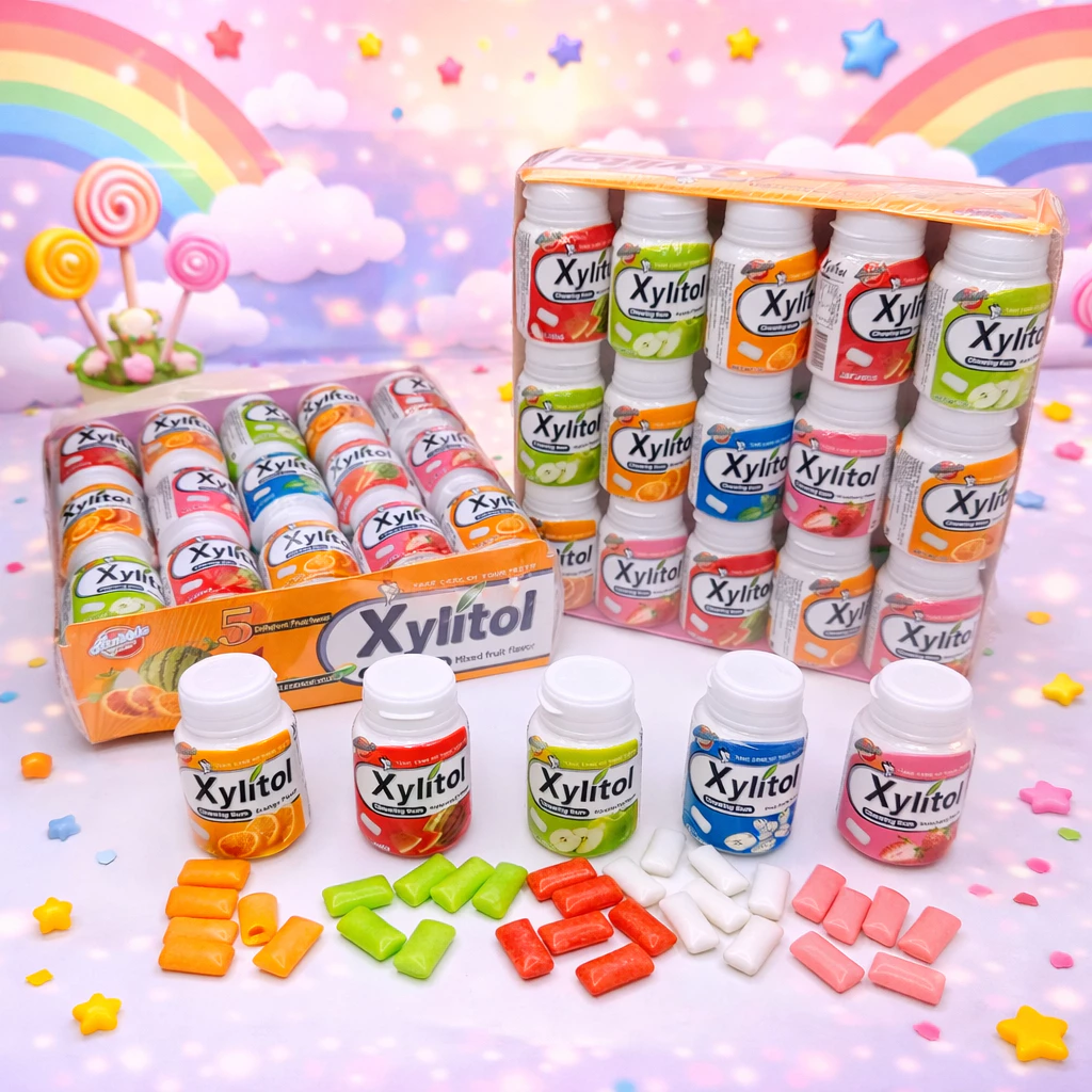 หมากฝรั่งผลไม้แบบกระปุก ไซลิทอล มี 5 รสชาติ 1 กล่อง 30 ชิ้น
