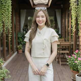 เสื้อพื้นเมืองผู้หญิงคอจีน ผูกโบว์ แขนสองชั้น