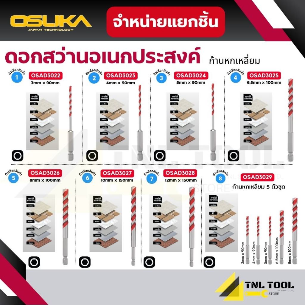 ดอกสว่านอเนกประสงค์ ก้านหกเหลี่ยม ขนาด 3mm-12mm ( รุ่น OSAD3022 - OSAD3028 ) OSUKA