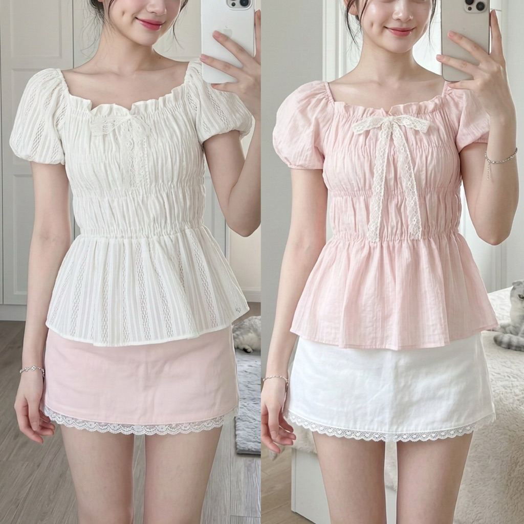 🌟Mamildya.shop🌟 เสื้อแขนพองสม็อคหน้าอก ผ้าสวีทตี้ ลายน่ารักมากๆ/ S2-2/TOT-ม๊อคยาว⚫