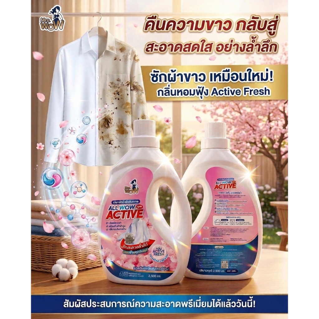 NEW Mrs.WOW น้ำยาซักผ้า ALL WOW ACTIVE ปริมาณ 2500 มล ฟื้นคืนผ้านุ่ม ขจัดคราบหนักได้อย่างล้ำลึก
