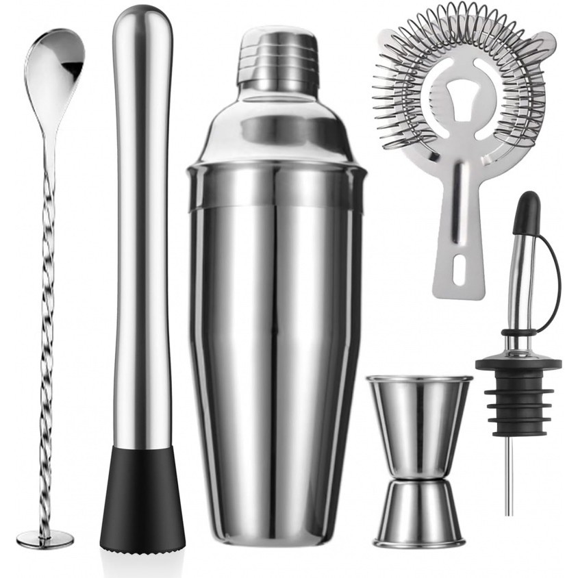 ชุดเครื่องปั่นค็อกเทล 6 ชิ้น 24 ออนซ์ Shaker กรอง Muddler Jigger ช้อนผสม Pour Spout Bartender ชุดบาร์สแตนเลสของขวัญพิธีข