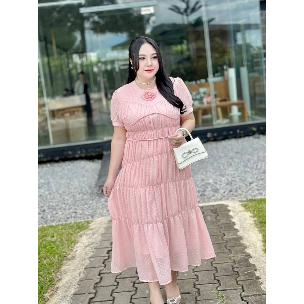 เดรสสาวอวบ ชุดออกงานสาวอวบ ชุดไปงานแต่ง ชุดเดรสสีชมพู อก 42-52 นิ้ว #DANNY_BigSize_Shop (722)