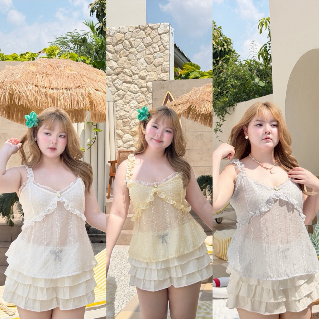 Chubby Supi - พร้อมส่ง ✨Bella Lace Top✨สายเดี่ยวแต่งลูกไม้ อก38-50“ ยาว22“ (jira) สายเดี่ยวสาวอวบ ชุดไปทะเลสาวอวบ