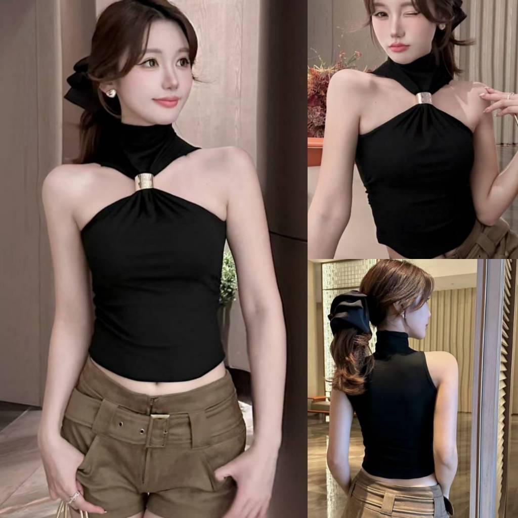 Sosexy【พร้อมส่ง】เสื้อคล้องคอ คอเต่า ดีไซน์หรู พร้อมห่วงทองตรงอก เพิ่มความหรู ดูแพง มี3สี (H15-2970)