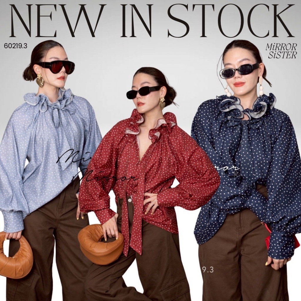 Mirrorsister 60219.3 เสื้อทรงเก๋ คอระบาย2ชั้นเด้งๆ ต่อผ้าผูกคอน่ารักมาก เนื้อผ้าพิมพ์ลาย Polka Dot เล็กๆใส่ได้หลายโอกาส