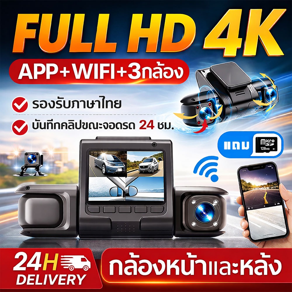 【รับประกัน10ปี】กล้องติดรถยนต์ Full HD 4K กล้องหน้ารถ การเชื่อมต่อ APP WiFiการดูแบบเรียลไทม์โหมดกลางคืน กล้องรถยนต์