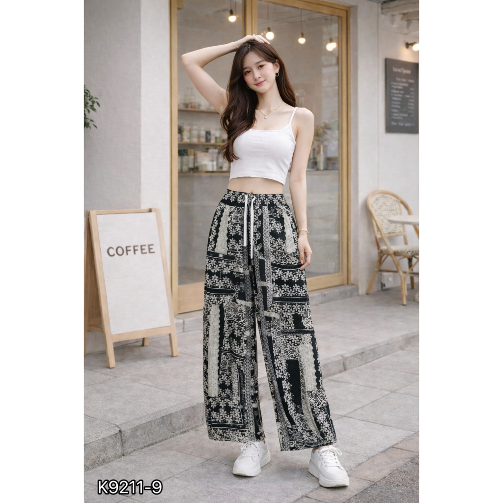 emma_clothing กางเกงขายาว เอวยางยืด ลายโบฮีเมียน ผ้าเบาใส่สบาย ผ้าเย็นไม่ร้อน K9196