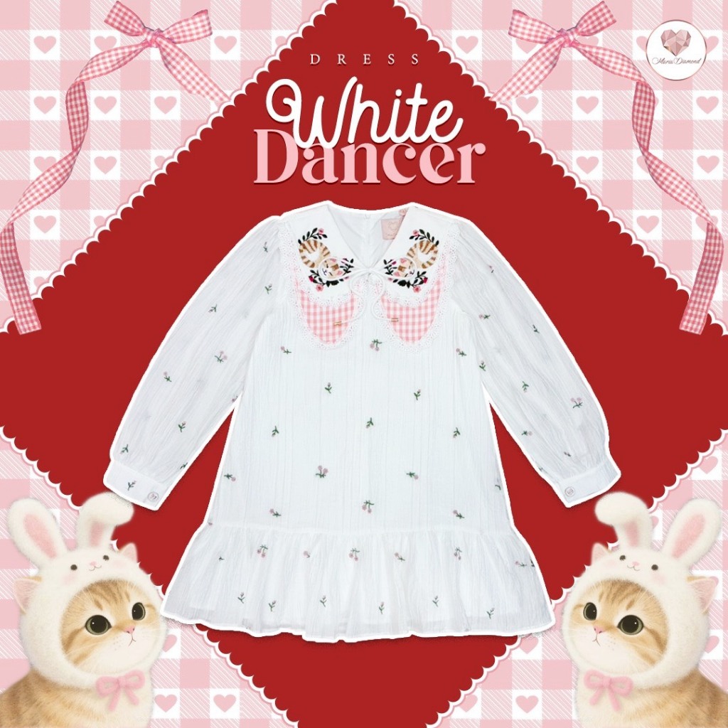 (มี3XL) สีขาว White Dancer Dress เดรสทรงปล่อยผ้าชีฟอง texture งานปัก แขนยาว ปกสองชั้นงานปัก ซิปหลัง มีซับใน