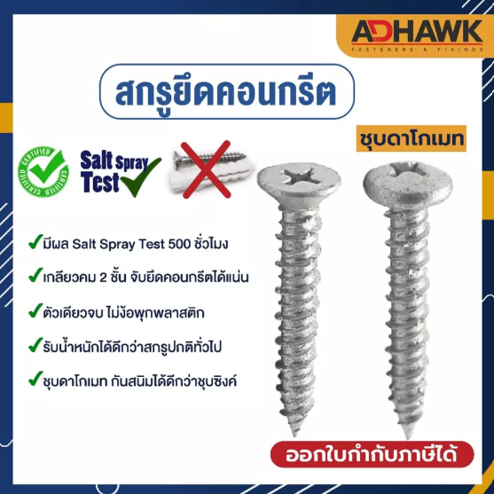 สกรูยึดคอนกรีต ชุบดาโกเมท สกรูคอนกรีต หัว PH ,FH  ขนาด M4 M5 แพ็ก 100 ตัว