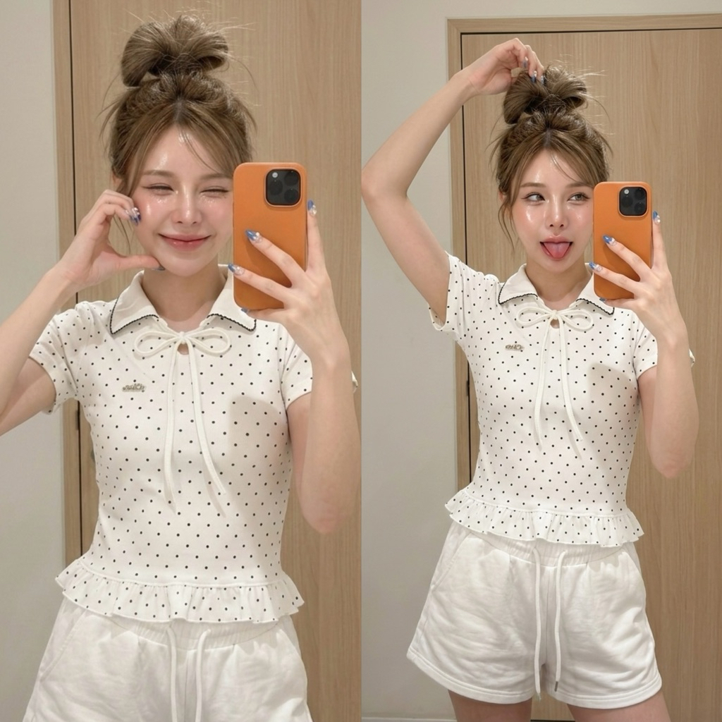 ❤️ Diiz’s ❤️ เสื้อ คอปก แขนสั้น ลายจุด ชายระบาย อกหยดน้ำ มีเชือก