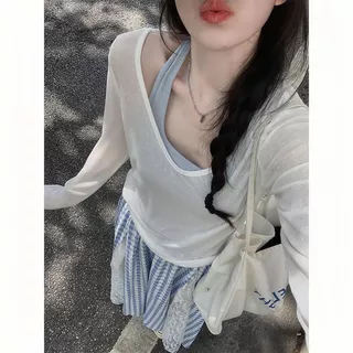 ชุดกันแดดสีพื้น สไตล์ลำลอง เสื้อยืดแขนยาวคอวี เสื้อคลุมตัวสั้นระบายอากาศได้ดี เหมาะสำหรับฤดูร้อน ช่วยให้ดูผอมเพรียว สไตล