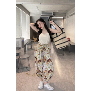 NE001 TARA Pants กางเกง 8 ส่วนทรงเจนนี่ ขาบอลลูน ฟรีไซซ์เอวยางยืด มีกระเป๋าข้าง จั๊ม ระบายที่ปลายขา ผ้าไหมอิตาลีลายดอก