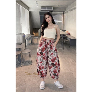 NE001 TARA Pants กางเกง 8 ส่วนทรงเจนนี่ ขาบอลลูน ฟรีไซซ์เอวยางยืด มีกระเป๋าข้าง จั๊ม ระบายที่ปลายขา ผ้าไหมอิตาลีลายดอก
