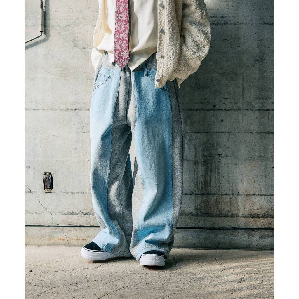 niko and … [MODE NORM CORE] กางเกงเอวยางยืด ขากว้าง Denim patchwork pants (New Color) – โปรปัง