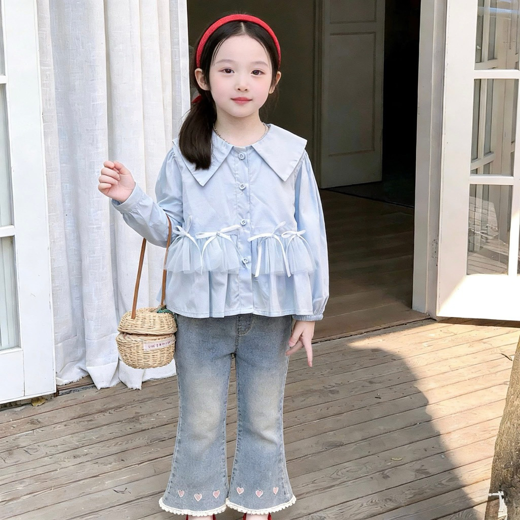[Namsaii kids]🔥พร้อมส่ง🔥ชุดเซท2ชิ้น ชุดเด็กผู้หญิง เสื้อเชิ้ต + กางเกงยีนส์แท้ สไตล์เกาหลี
