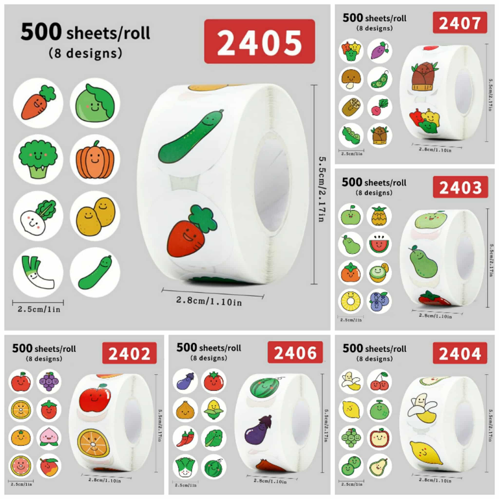 ( LY ) สติกเกอร์รูปผักและผลไม้น่ารัก สติกเกอร์ตกแต่ง ขนาด 1 นิ้ว 500 ดวง