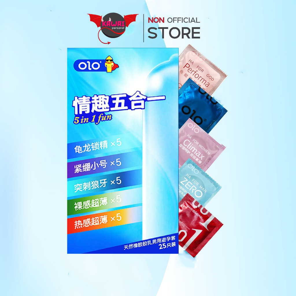 OLO รวมถุงยางอนามัย 1 กล่อง 5 แบบ บรรจุ 25 ชิ้น กลิ่นวานิลลา บาง ปุ่ม ไซส์ 49และ52 มม.