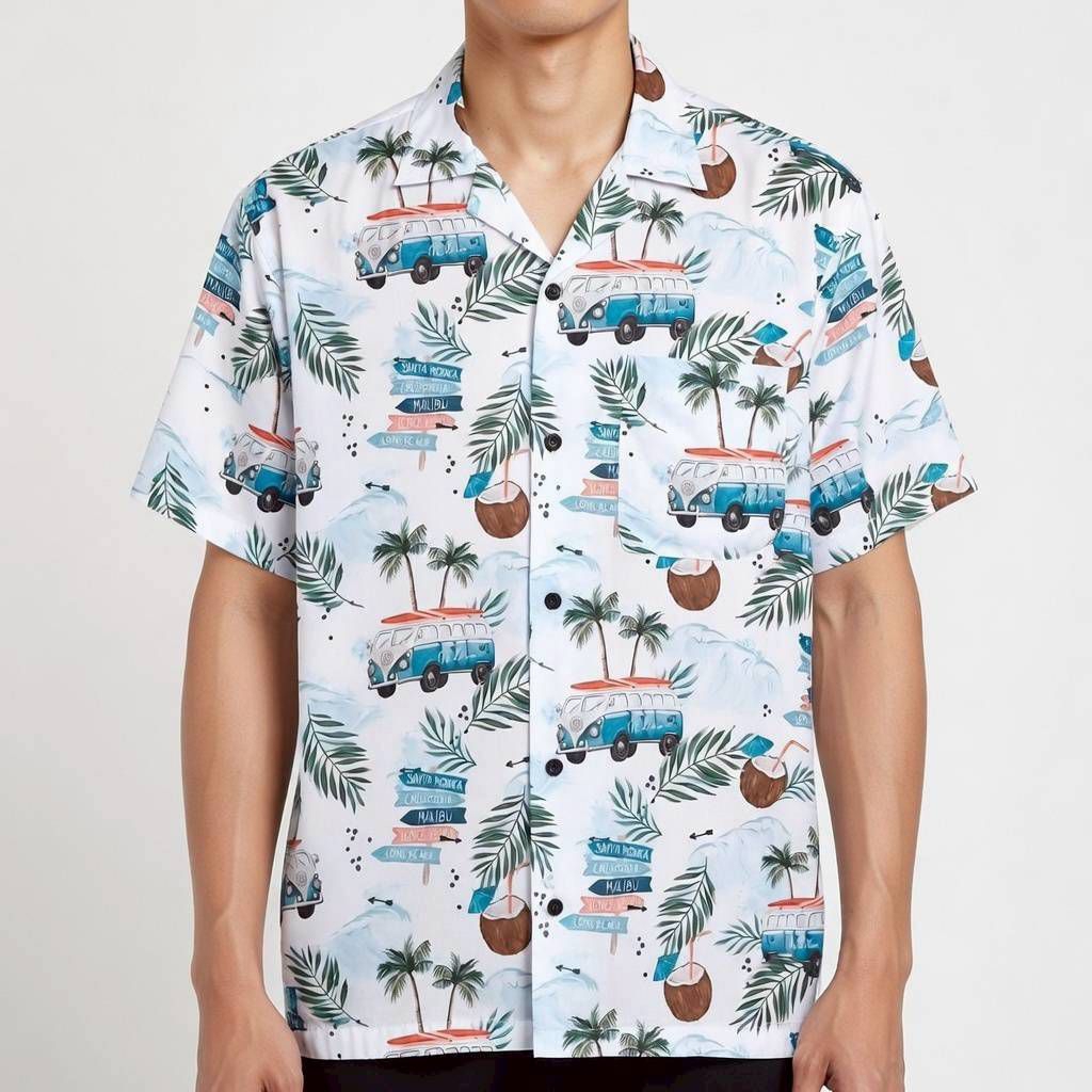 เสื้อเชิ้ตฮาวาย ลายต้นมะพร้าวกับรถโฟลท์ (พื้นสีขาว) ผ้าไหมอิตาลี
