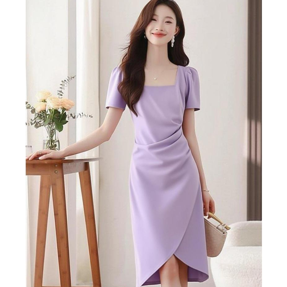 สีม่วง ออกงาน รัดเอว beach dress สุดหรู ยอดนิยม ออกงาน dress ออกงาน ซส์ใหญ่-เล็ก 🌴