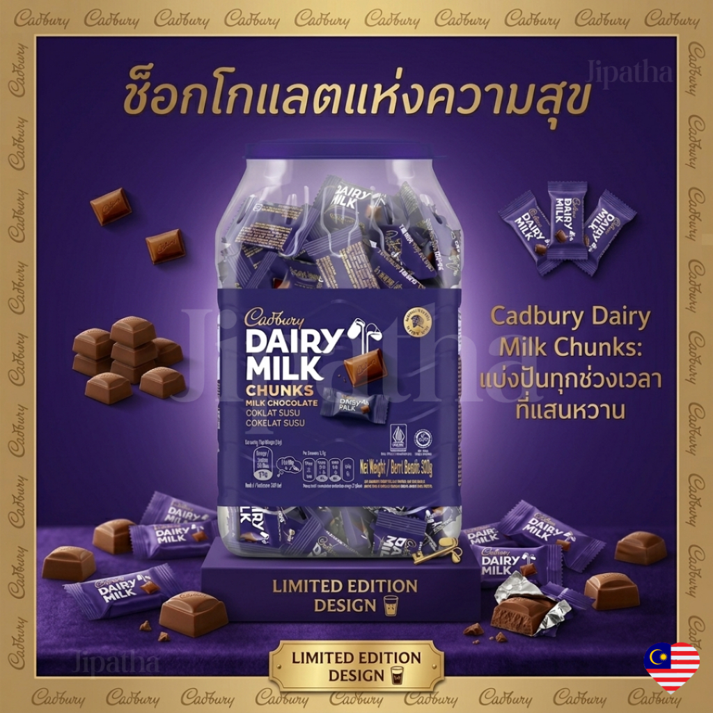 Cadbury Dairy Milk Chocolate น้ำหนัก 382g มีประมาณ 85 ชิ้น มีฮาลาล จากประเทศมาเลเซีย BBF.07/03/27
