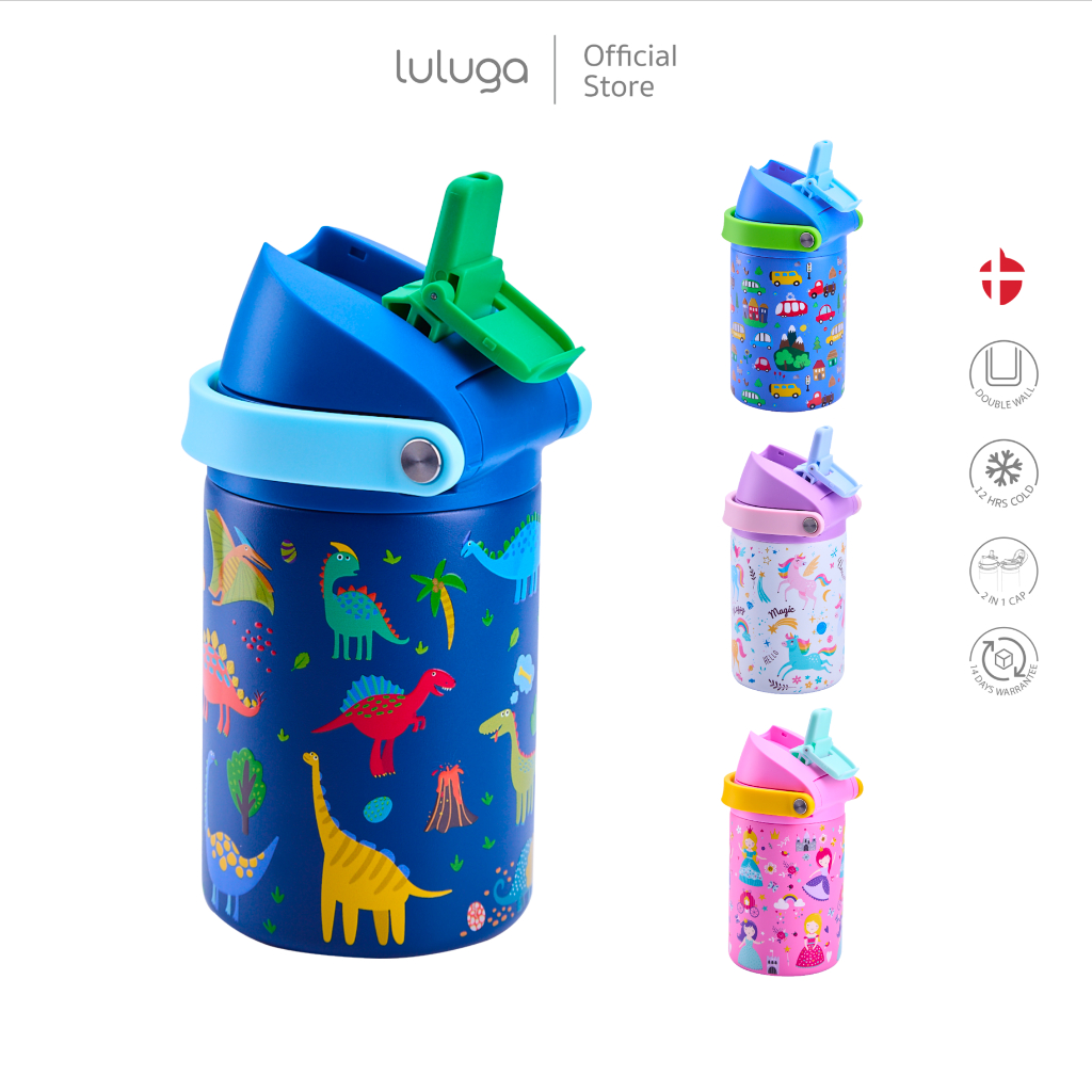 กระติกน้ำเด็ก LULUGA กระติกน้ำเก็บอุณหภูมิระบบสุญญากาศ 18/8 stainless steel 360 ml ดีไซน์ 2in1 หลอดดูดและยกดื่ม