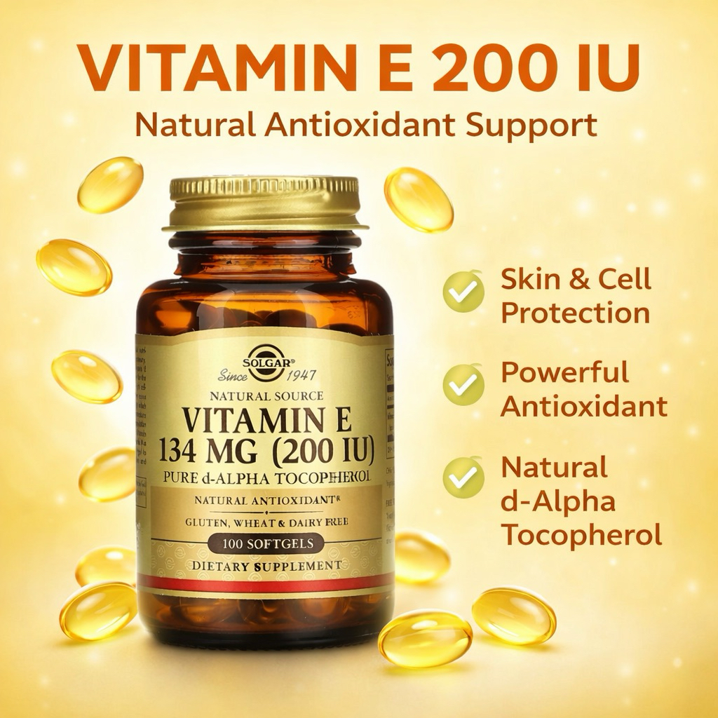 Solgar Vitamin E 200 IU 100 เม็ด วิตามินอีจากธรรมชาติ บำรุงสุขภาพผิวและร่างกาย