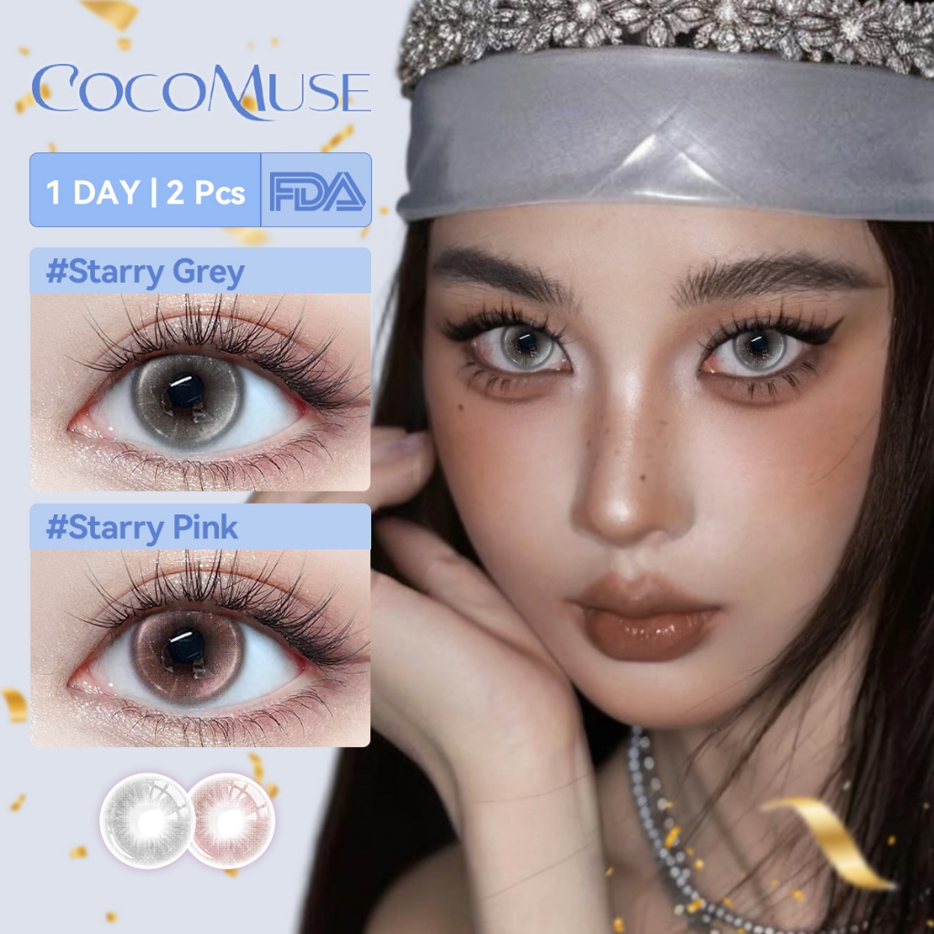 COCOMUSE คอนแทคเลนส์สายตา Starry Grey/Pink-14.2 มม คอนแทคเลนส์แฟชั่นคุณภาพ HEMA ป้องกันUV รายวัน10ชิ