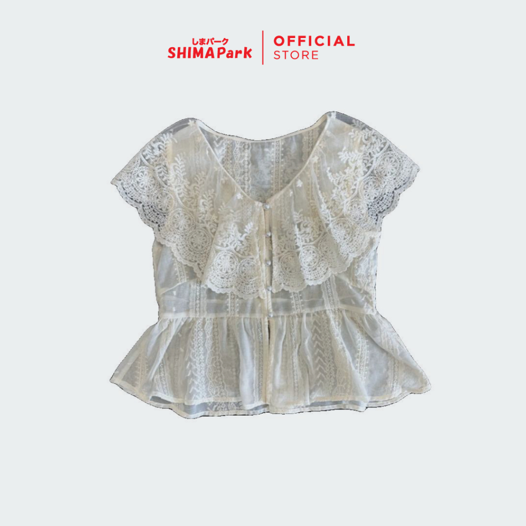 เสื้อเบลาส์ลูกไม้ผู้หญิง Lace Blouse สไตล์วินเทจ เสื้อแฟชั่นหวานหรู - Frill Collar Button Top, “Gentle Detail and Sweet