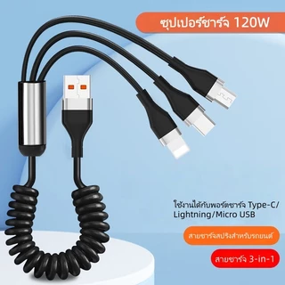 สายชาร์จรถยนต์แบบสปริง 120W USB-C to C รองรับชาร์จเร็ว สำหรับโทรศัพท์มือถือ แท็บเล็ต และอุปกรณ์ในรถ 1ม/2ม