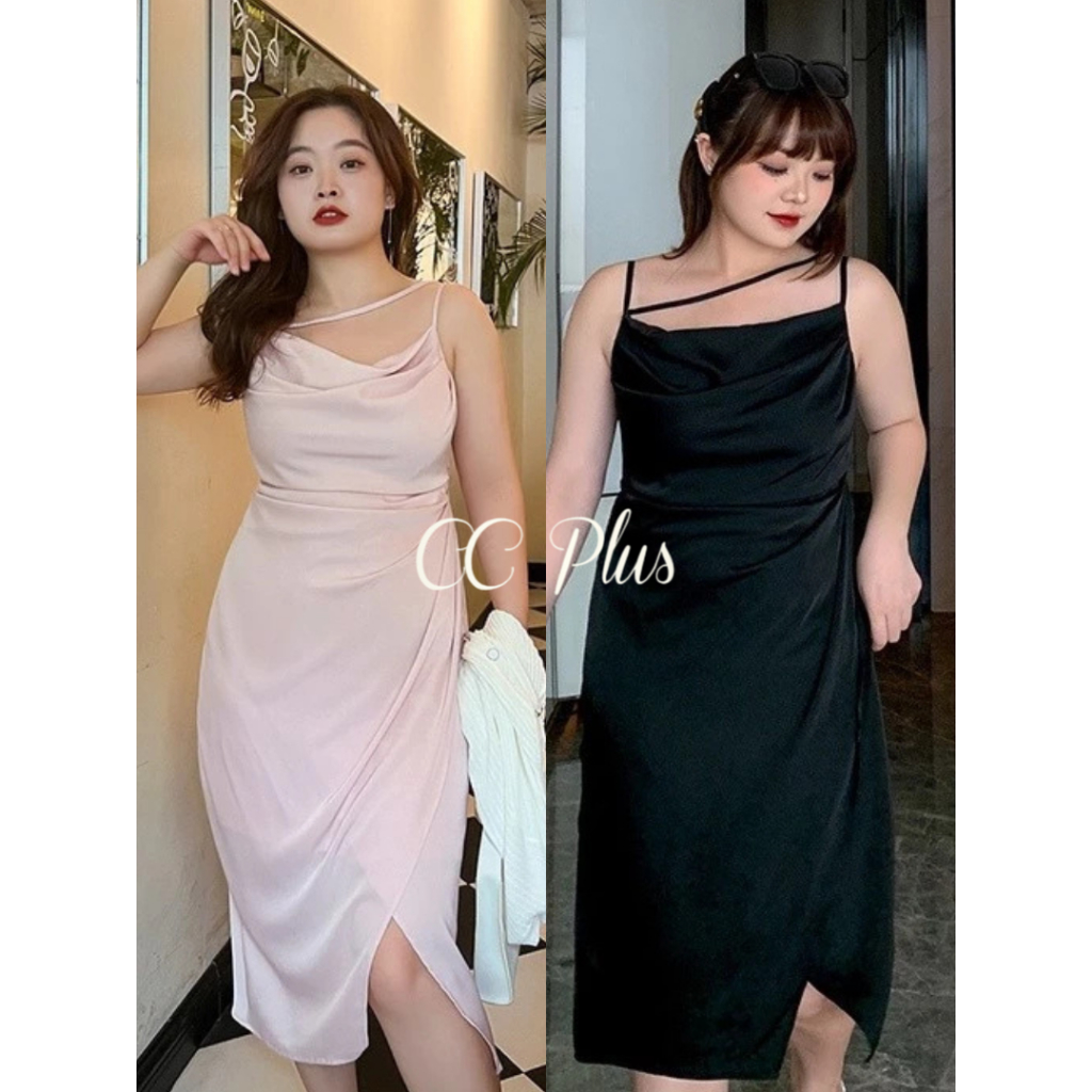 CiCi Plus+(3023)ชุดเดรสสายเดี่ยวผ้าซาติน ผ่าข้างมีความเข้าเอวใส่แล้วดูเพรียวเรียบๆแต่แอบแซ่บนิดๆ สาวอวบPlus Size