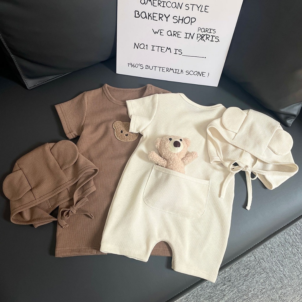 NT Baby - 206 ส่งด่วนกทม 🧸✨ เซ็ตบอดี้สูทน้องหมีละมุน + หมวกสุดคิ้วท์ ✨🧸ปักลายน้องหมีน่ารัก มาพร้อมหมวกเข้าชุด