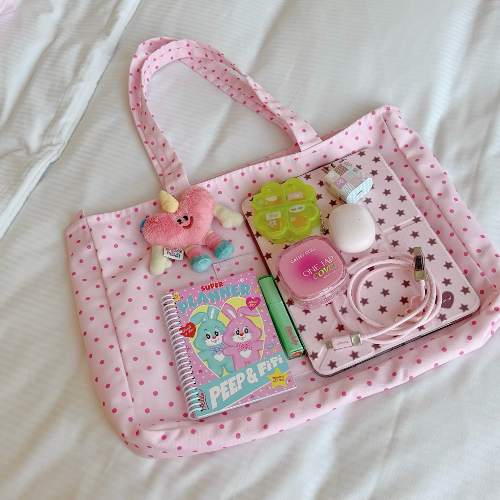 🍬พร้อมส่งTote Bag Candy กระเป๋าผ้าแคนวาสลายริ้ว มีซิป ด้านในมีช่องใส่ mac ipad laptop สมุดหนังสือได้