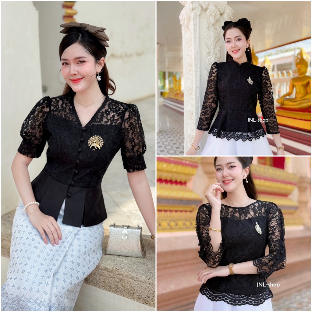 เสื้อรุ่น-ราชาวดี พวงชมพู  ผ้าลูกไม้สีดำ สุดเก๋มีสไตล์  ดีไซน์น่ารักด้วยโบว์ที่ไหล่ สวยละมุน